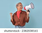 Small photo of Young overjoyed successful African American woman holds megaphone and makes triumphant gesture informing others about lucrative offer or cool party coming up stands on turquoise background.