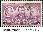 Small photo of MOSCOW, RUSSIA - FEBRUARY 01, 2021: A stamp printed in USA shows Portrait Generals William Tecumseh Sherman, Hiram Ulysses Grant and Philip Henry Sheridan, Army Issue, 1936