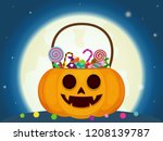 halloween candies in pumpkin... | Shutterstock .eps vector #1208139787