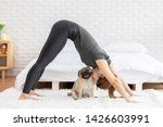 Asian woman practice yoga Downward Facing dog to meditation and kissing her dog pug breed enjoy and relax with yoga. Spending time and playing with dog at home. Recreation love with Dog Concept