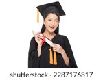 Small photo of Beautiful Attractive Asian woman graduated in cap and gown smile with certificated in her hand feeling so proud and happiness,Isolated on white background,Education Success Concept