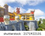 The famous tourist attraction - Pena National Palace or Palacio Nacional da Pena. Sintra, Portugal.