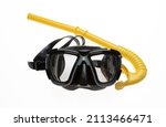 Small photo of Diving mask and yellow snorkel isolated cutout on white background. Black scuba mask with tempered glass swim and dive sea equipment. Sport, activity, leisure.
