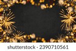 Small photo of HAPPY NEW YEAR 2024 - Festive silvester New Year's Eve Party background greeting card - Frame made of golden fireworks in the dark black night