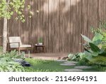 Wooden terrace in the tropical garden style 3d render with old plank background