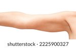 Small photo of Woman's hand, well - groomed, female shoulder and elbow raised to side, isolated on white background with clipping path