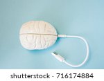 Small photo of Brain with inserted in socket plug wire or charging cord. Concept technology wired transmission of data, information, knowledge in brain nervous system, mental or psychic connection or charging brain