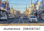 Small photo of Brunswick, Victoria, Australia, October 31st 2021: A very busy Sydney Road in Brunswick in the early evening light looking north towards Coburg