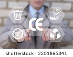 Small photo of Concept of european CE conformity certification mark. Businessman using virtual touchscreen presses abbreviation: CE.