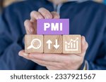 Small photo of Man holding colorful blocks sees abbreviation: PMI. Concept of PMI - Purchasing Managers Indexes. Manufacturing and Service Sector Economic Outlook Index. PMI Project Management Institute.
