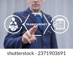 Small photo of Man using virtual touch screen presses word: TRANSPARENCY. Concept of business transparency. Honest and clean company. Financial and economical stats sharing, publication and presentation.