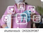 Small photo of Doctor using virtual screen presses text: MEDICAID EXPANSION. Web healthcare expansion such as techologies, innovation, staff, skills, studies, clinic network, franchise. Concept of medicine expansion