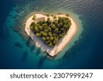 An island in the ocean with heart-shaped palm trees, top view, Generative AI