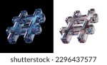 Hashtag letter symbol made of dispersion chromatic glass isolated over black white background. 3d render illustration