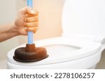 Small photo of Serviceman repairing toilet with hand plunger. Clogged toilet.