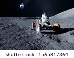 Astronaut near the moon rover on the moon. With land on the horizon. Elements of this image were furnished by NASA.