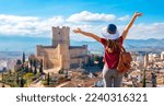 Small photo of Atalya,Villena Castle in Costa Blanca Alicante Spain- woman tourist enjoying beautiful panoramic view
