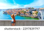 Happy traveler woman in Porto- Cityscape panoramic view of Porto- Portugal