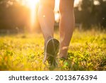 Woman feet in sneakers outdoors close up, training on a sunset in a park with green grass, beautiful sporty legs