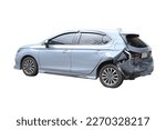 Small photo of Isolated Clipping Path The Hatchback type Car wreck in the parking with broken parts. crash big damaged and broken car. waiting for insurance claim. accident and safety driving concept.