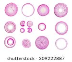sliced red onions set isolated on white background,top view 