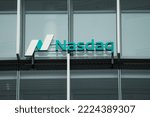 Small photo of Nasdaq company logo sign on modern office in Vilnius, Lithuania, November 09, 2022. Nasdaq -leading provider of trading, clearing, exchange technology, listing, information and public company services