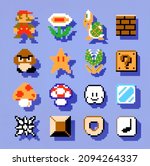 Small photo of Kyiv, Ukraine - September 27, 2021: Elements set of Super Mario Bros classic video game, pixel design, printed on paper. Super Mario Bros is a platform video game developed by Nintendo