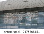 Small photo of Sarajevo, Bosnia and Herzegovina - June 3, 2022: Inscription in 3 languages Parliamentary assembly of Bosnia and Herzegovina. The facade is Reconstructed with the help of the Kingdom of Norway.