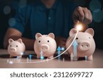 Small photo of financial, banking, finance, investment, currency, profit, money, wealth, invest, investing. insert coin into piggy bank in front that's have line curved investment financial profit currency. invest.
