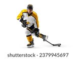 Athlete in action. Hockey. Professional hockey player in the helmet and gloves on white background. Hockey concept