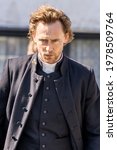 Small photo of London, United Kingdom - March 5 2021: Tom Hiddleson dresses as a vicar to film movie The Essex Serpent