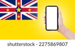 Small photo of Male hand holding smartphone with blank on screen, on background of blurred flag of Niue. Close-up view.