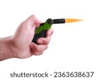 Hand holding a gas lighter isolated on a white background, cigarette lighter or jet lighter in hand.