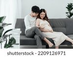 Small photo of Happy pregnant asian couple. Together smiling Asian people family holding house model on hand for planning financial in the future for their baby and stable of life.