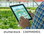 Small photo of iot smart industry robot 4.0 agriculture concept,industrial agronomist,farmer using tablet to monitor, control the condition in vertical or indoor farm ,the data including Ph, Temp, Ic, humidity, co2