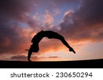 Small photo of back handspring of female gymnast in sunset sky