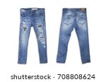 Female torn jeans isolated on white background. Old Female Torn Denim, Ripped blue jeans isolated on white with clipping path 