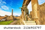 Small photo of Ancient Pompei city skyline and bronze Apollo statue, Italy travel photo. Pompei one of the most popular tourist attractions in Italy