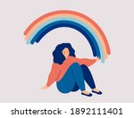happy woman sits on the floor... | Shutterstock .eps vector #1892111401