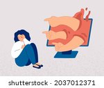 sad woman turns away  covers... | Shutterstock .eps vector #2037012371