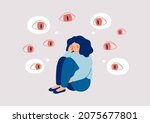 sad woman surrounded by giant... | Shutterstock .eps vector #2075677801