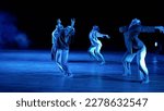 Small photo of Theatrical performance on stage. The girls on the stage are dancing a modern dance. Students rehearsing dance on stage. Girls dance modern dance on the stage.