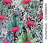 flamingo and tropical leaves on ... | Shutterstock . vector #1223888644