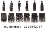 Small photo of Different kinds of natural black color human hair weaves extensions bundles