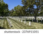 Small photo of Minneapolis, Minnesota, USA - May 27, 2023: Landscape view of soldier gravestones at Fort Snelling National Cemetery on a clear day.