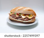 Small photo of Brazilian Sandwich with shredded beef cheese tomato onion anda sauce