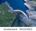 Aerial view of Gordon Dam and lake. Southwest, Tasmania, Australia