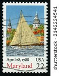 Small photo of SINGAPORE – APRIL 4, 2022: A stamp printed in USA, honoring bicentennial of the Free State’s ratification of the US Constitution, shows view of Maryland, circa 1988