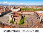 Piazza Castello or Castle Square aerial panoramic view, a main square in the centre of Turin city, Piedmont region of Italy