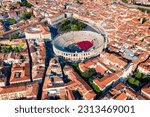 Verona Arena aerial panoramic view. Arena is a Roman amphitheatre in Piazza Bra square in Verona, Italy